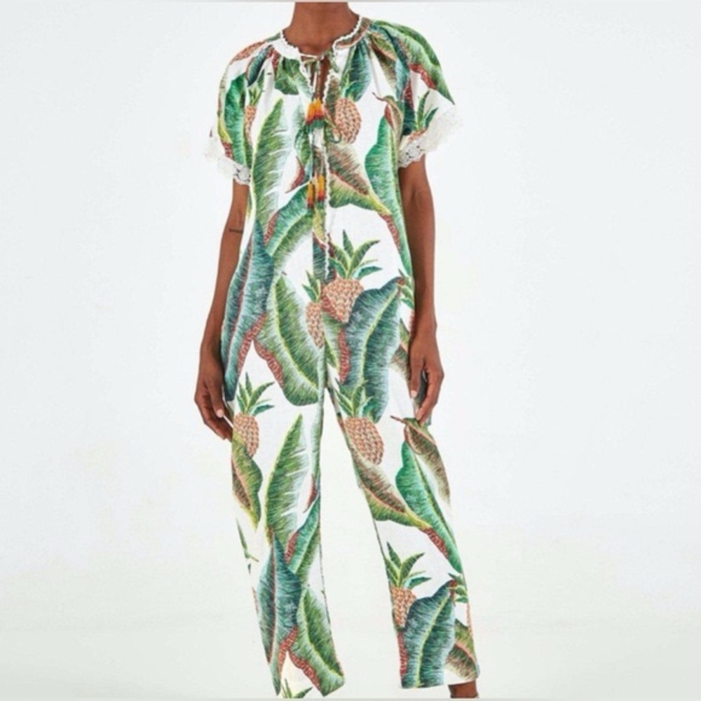 FARM Rio Green and Pink Leaf Print Jumpsuit